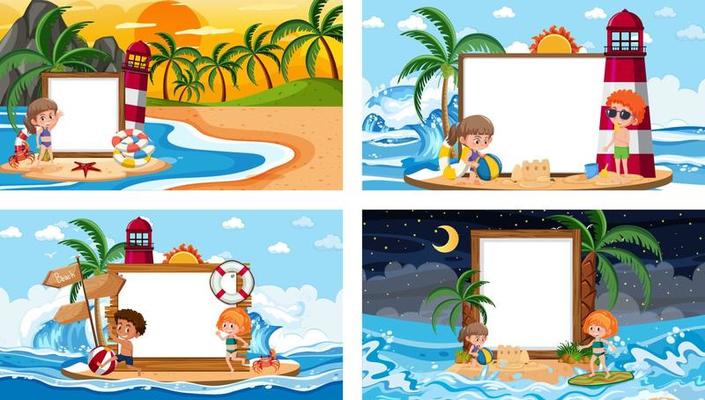 Set of blank banner in different tropical beach scenes