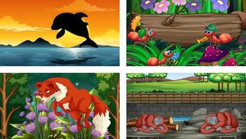 Four different nature horizontal scene with various animals vector