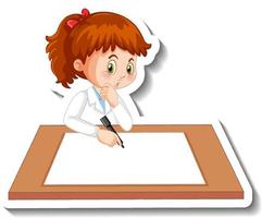 personaje de dibujos animados de niña científica con mesa en blanco vector