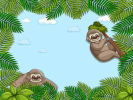 Empty banner with tropical leaves frame and sloth cartoon character vector