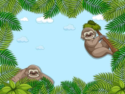 Empty banner with tropical leaves frame and sloth cartoon character