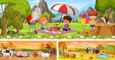 Set of outdoor panoramic landscape with cartoon character vector