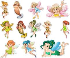 Set of stickers with beautiful fairies and mermaid cartoon character vector