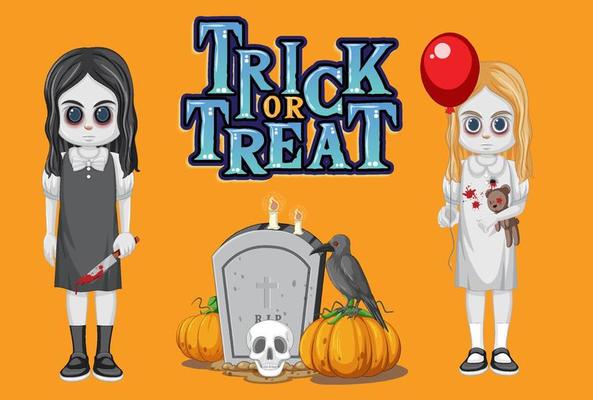 Trick or Treat Halloween Poster with ghost girls