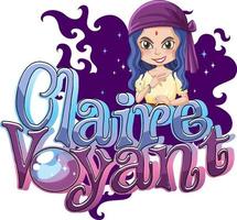 diseño de texto del logotipo de claire voyant con personaje de dibujos animados de niña vector