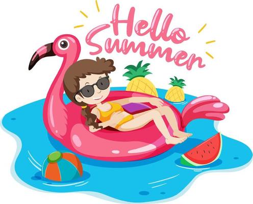 Hello Summer with woman laying on swimming ring banner template
