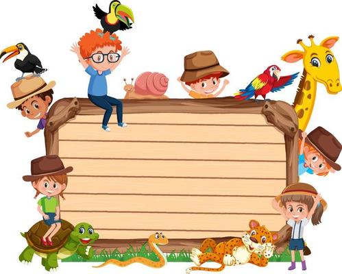 Empty wooden board with kids and zoo animals