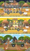 Conjunto de diferentes escenas horizontales de safari con personajes de dibujos animados de animales y niños vector