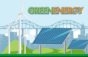 Green energy generated by wind turbine and solar panel vector