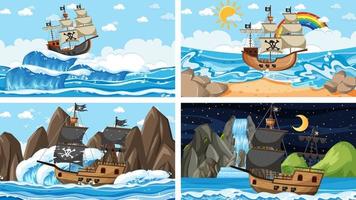 Set of Ocean with Pirate ship at different times scenes  in cartoon style vector