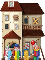 Creepy clowns standing in front of an abandoned building vector