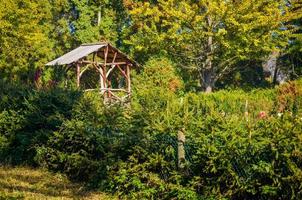 cenador en el parque de otoño con árboles de colores foto