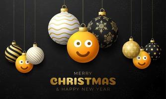 tarjeta de feliz navidad con cara de emoji de sonrisa. Ilustración de vector de estilo plano con letras de Navidad y emoción en bola de Navidad colgando de hilo en el fondo