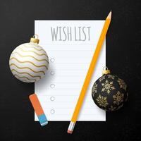 New year wish plan list. New year goals list. 2022 resolutions text on notepad. Action plan. Pencils and realistic tree ball bauble gold and black. vector