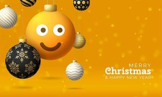 tarjeta de feliz navidad con cara de emoji de sonrisa. Ilustración de vector de estilo plano con letras de Navidad y emoción en bola de Navidad colgando de hilo en el fondo