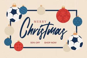 football christmas greeting card. Merry Christmas and Happy New Year flat cartoon Sports banner. soccer ball as a xmas ball on background. Vector illustration.