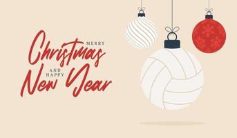 tarjeta de felicitación de navidad de voleibol. Feliz navidad y próspero año nuevo banner deportivo de dibujos animados planos. pelota de voleibol como una pelota de Navidad en el fondo. ilustración vectorial. vector