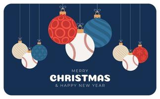 tarjeta de felicitación de navidad de béisbol. Feliz navidad y próspero año nuevo banner deportivo de dibujos animados planos. pelota de béisbol como una pelota de Navidad en el fondo. ilustración vectorial. vector