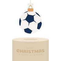 football Sport Christmas bauble pedestal. Merry Christmas sport greeting card. Hang on a thread soccer, football ball as a xmas ball on golden podium on white background. Sport Vector illustration.