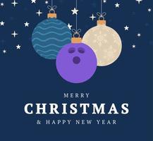 bowling christmas greeting card. Merry Christmas and Happy New Year flat cartoon Sports banner. bowling ball as a xmas ball on background. Vector illustration.