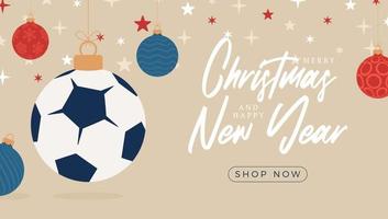 football christmas greeting card. Merry Christmas and Happy New Year flat cartoon Sports banner. soccer ball as a xmas ball on background. Vector illustration.