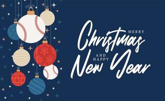 baseball christmas greeting card. Merry Christmas and Happy New Year flat cartoon Sports banner. baseball ball as a xmas ball on background. Vector illustration.