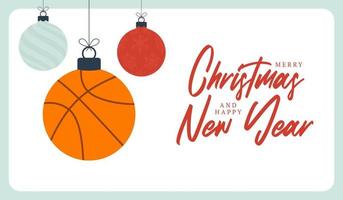 tarjeta de felicitación de navidad de baloncesto. Feliz navidad y próspero año nuevo banner deportivo de dibujos animados planos. pelota de baloncesto como una pelota de Navidad en el fondo. ilustración vectorial. vector