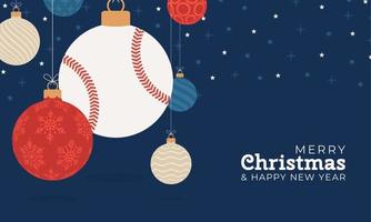 baseball christmas greeting card. Merry Christmas and Happy New Year flat cartoon Sports banner. baseball ball as a xmas ball on background. Vector illustration.