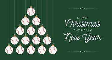 baseball Christmas and new year greeting card bauble tree. Creative Xmas tree made by baseball ball on black background for Christmas and New Year celebration. Sport greeting card