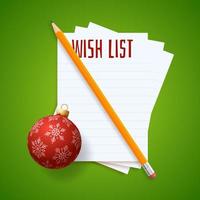 New year wish plan list. New year goals list. 2022 resolutions text on notepad. Action plan. Pencils and realistic tree ball bauble colorful vector