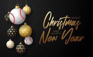 tarjeta de navidad de béisbol. Feliz Navidad tarjeta de felicitación deportiva. colgar de una pelota de béisbol de hilo como una bola de Navidad y adorno dorado sobre fondo negro horizontal. Ilustración de vector de deporte.