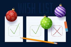 New year wish plan list. New year goals list. 2022 resolutions text on notepad. Action plan. Pencils and realistic tree ball bauble colorful vector