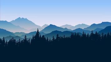 Ilustración de paisaje de montaña con niebla y bosque de pinos vector