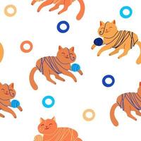 Seamless pattern with cute cats are tangled in threads and balls of yarn vector