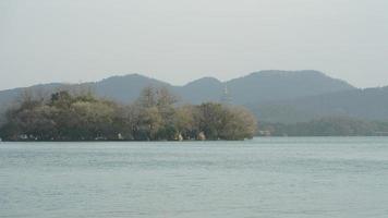 The beautiful Xihu landscape with the old arched bridge and temple tower in Hangzhou of the China in winter photo