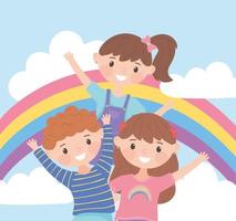 niños divertidos y arcoiris vector