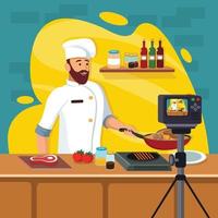 chef con su sesión de cocina en vivo vector