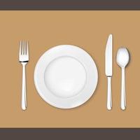 juego de cubiertos realista cuchara, tenedor, cuchillo y plato aislado vector