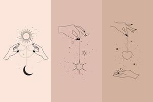 Diamantes mágicos y manos de mujer con luna creciente en estilo lineal boho. vector