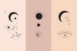 Diamantes mágicos y manos de mujer con luna creciente en estilo lineal boho. vector