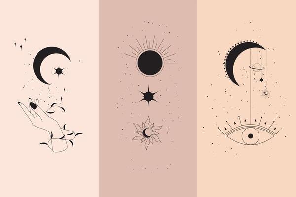 Magic diamonds and woman hands with moon crescent in boho linear style