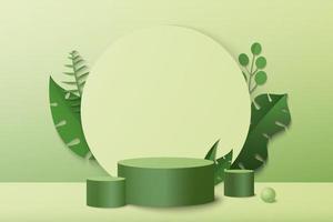 cylinder podium in green background with green plant leaves
