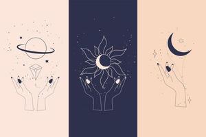 Magic diamonds and woman hands with moon crescent in boho linear style vector