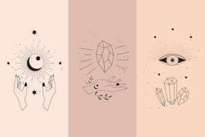 Diamantes mágicos y manos de mujer con luna creciente en estilo lineal boho. vector