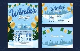 Invitación de fiesta de invierno con nieve y árboles. vector