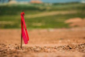 Metal survey peg with red flag on construction site photo