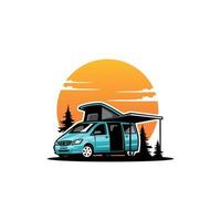 camper van with side awning infront of sun and pines isolated vector