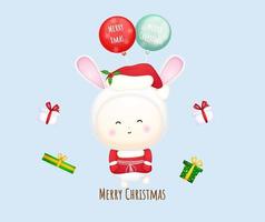 lindo bebé santa volando con globo para feliz navidad ilustración vector premium