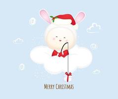 lindo bebé santa en la nube para feliz navidad. Ilustración de mascota de conejo vector premium