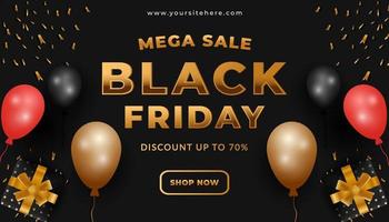 luxury black friday sale banner with gold text, gold balloons, gift boxes, and gold bow ribbon vector